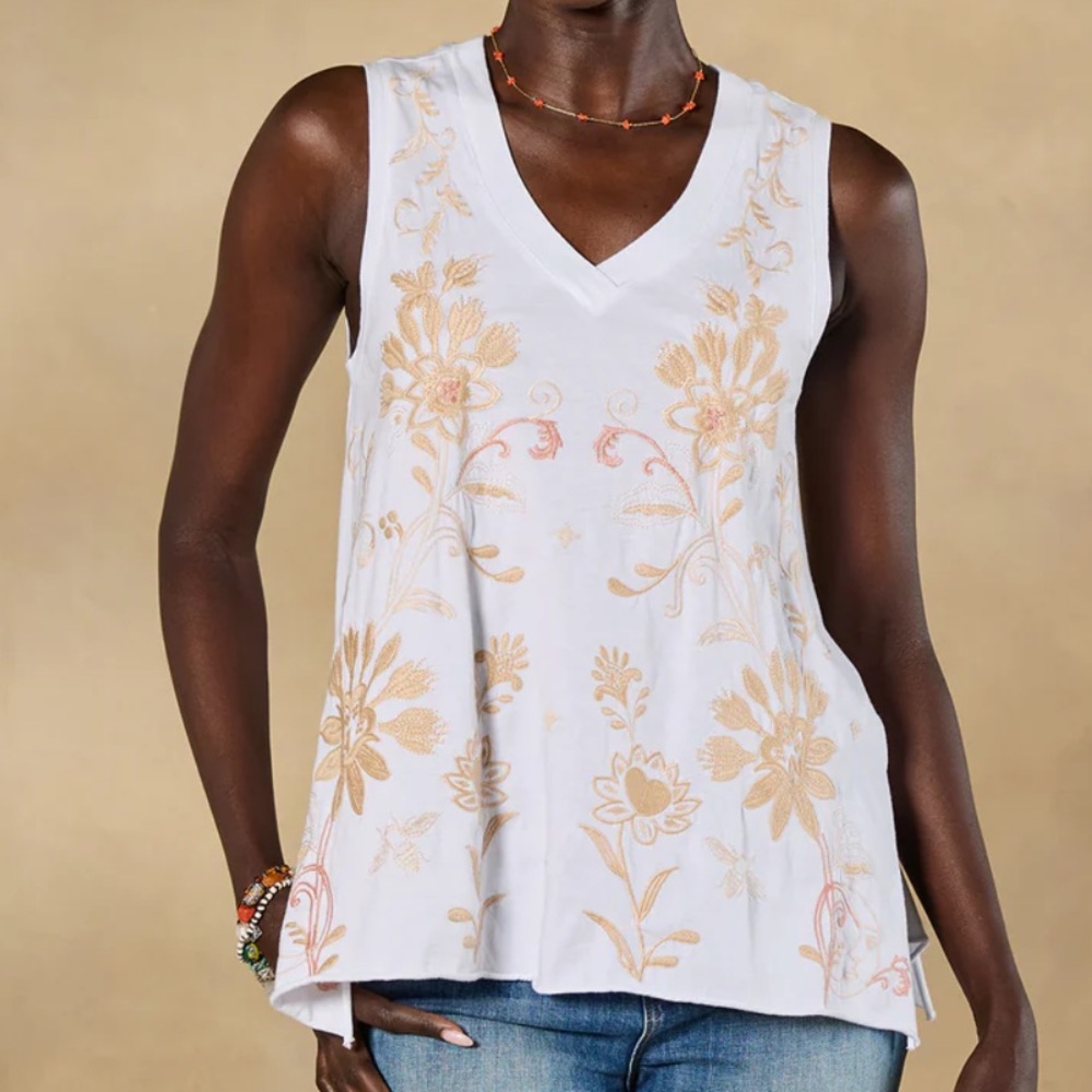 Johnny Was Floral Embroidered Tank Top in White and Gold